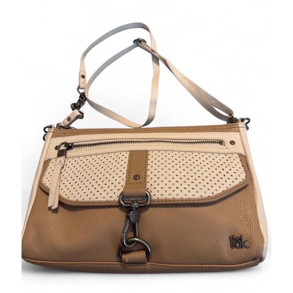 The Sak Two Tone Tan Cream Pebbled Leather Crossbody Bag with Perforated Detail